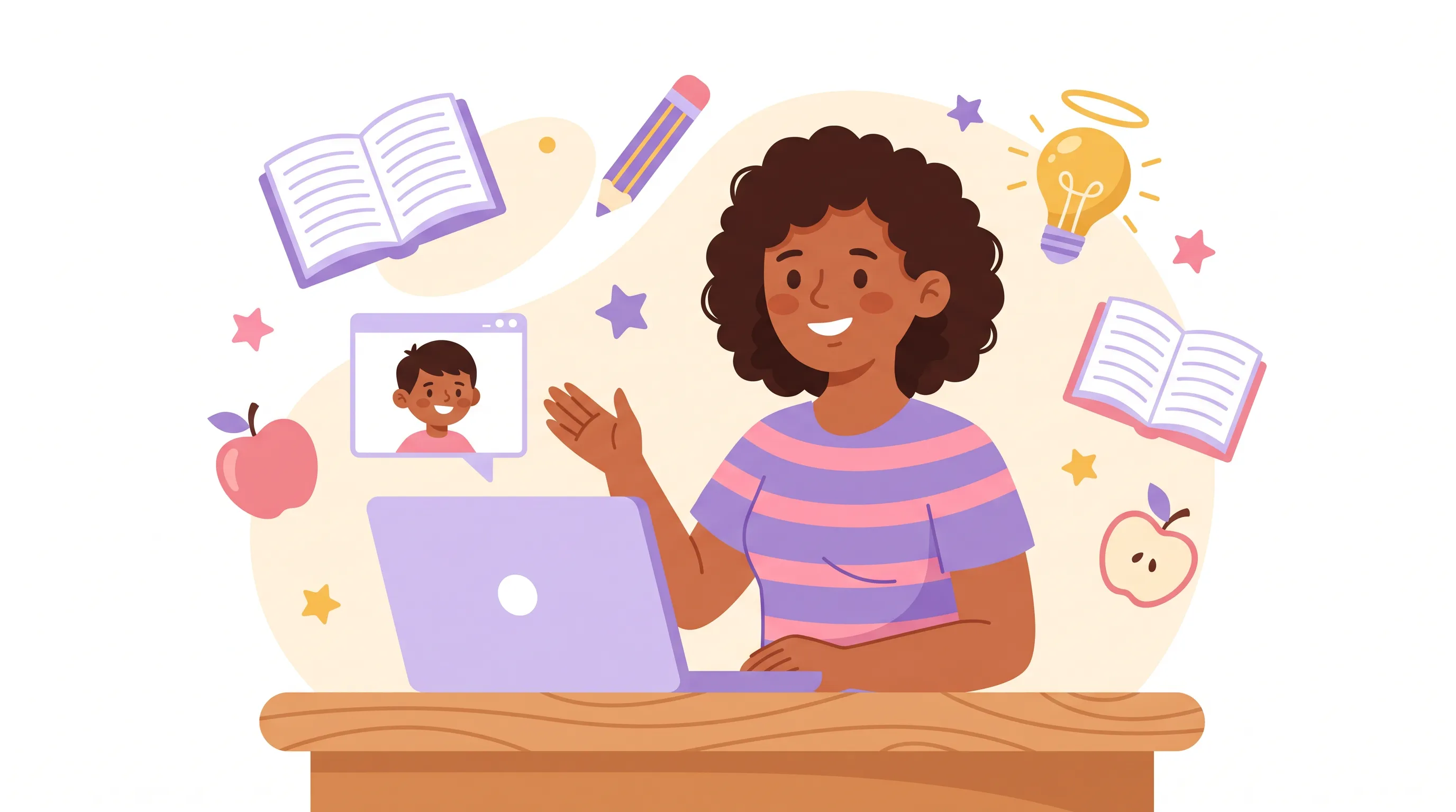 Illustrated scene of a friendly online tutor guiding a young student through a lesson on a laptop, surrounded by books, stars, and a lightbulb
